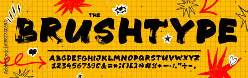 Bold brush drawn alphabet, childish capital letters. Grunge thick hand drawn letters, numbers and typography signs. Graffiti vector typeset on yellow background with doodle scribble scrapbook elements