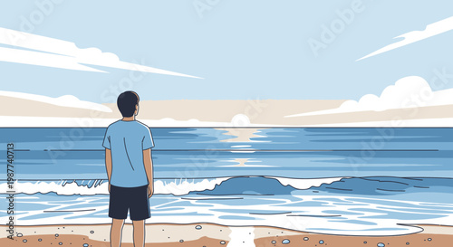 Man standing on beach looking out.