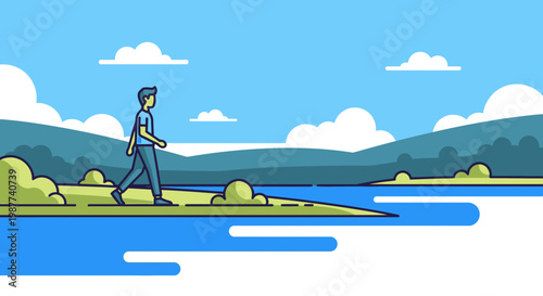 Man walking along the water side.