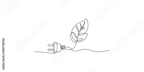 Continuous line drawing of an electric plug with a leaf growing out of it symbolizing eco friendly energy