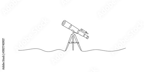 A line drawing of a telescope on a tripod overlooking the ocean horizon with a wavy line