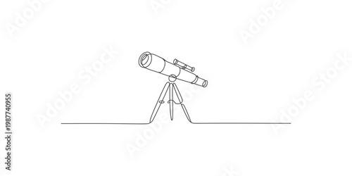Continuous line drawing of a telescope on a tripod stand for astronomy and stargazing isolated on white background