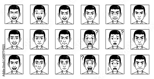 A set of male anime style cartoon character headshots with various facial expressions. male anime avatar.