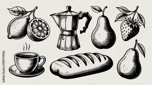 A vintage style illustration depicts a coffee pot cup fruits bread and pastries arranged on a neutral background with delicate shading high quality professional detailed modern