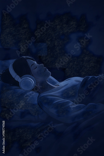 Woman Resting in Bed With Headphones at Night
