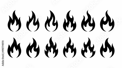A collection of stylized black fire flame illustrations are arranged in two rows against a stark white background depicting varying shapes high quality professional detailed modern