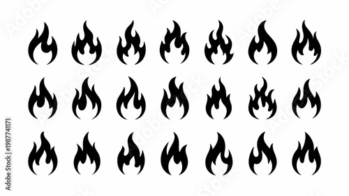 A collection of stylized black flames is displayed against a white background showcasing various shapes and sizes of fire high quality professional detailed modern elegant stylish