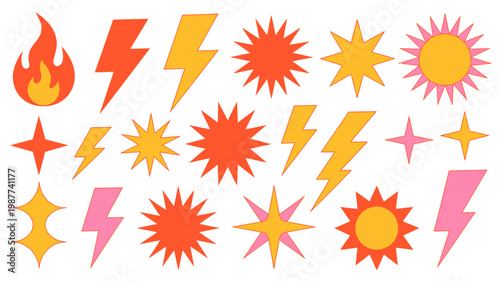 A colorful arrangement of cartoonish weather and celestial symbols including flames lightning bolts and various star and sun designs high quality professional detailed modern elegant stylish