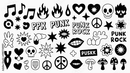A collection of black and white punk rock themed stickers and icons featuring musical notes flames skulls lips and various symbols high quality professional detailed modern