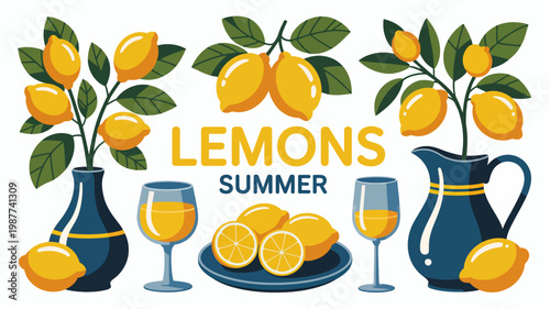 A vibrant illustration showcases lemons on branches alongside glasses of lemonade and a sliced lemon evoking a summery feel high quality professional detailed modern elegant stylish