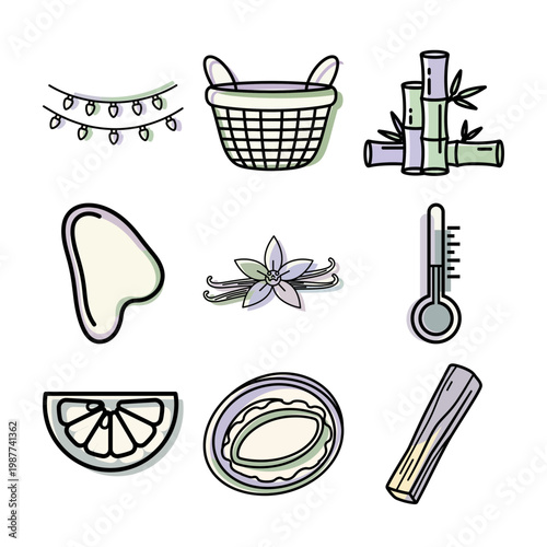 line art skincare icon set minimalist vector illustration spa elements bamboo basket lights or vector line art beauty icons pack spa themed design with bamboo shells fruit and decorative string lights