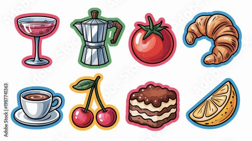 A colorful collection of illustrated food and drink items including coffee pastries fruit and a classic italian mocha pot high quality professional detailed modern elegant stylish