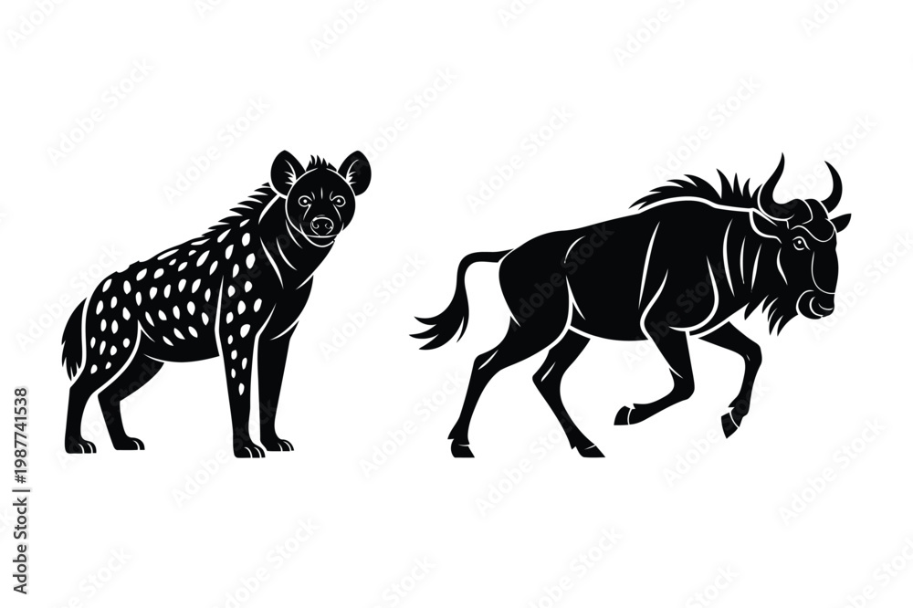Fototapeta premium Hyena and wildebeest silhouette vector illustration with wildebeest, predator