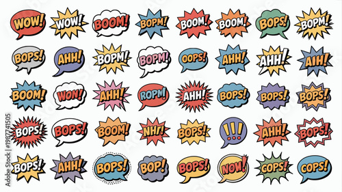 A vibrant collection of comic book style speech bubbles filled with onomatopoeia like wow boom ahh and oops is displayed high quality professional detailed modern elegant