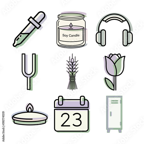 Minimalist skincare icon set in pastel outline for branding and product design or Line art skincare icons with soft pastel hues for branding packaging and social media