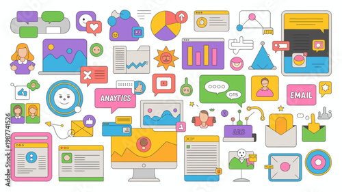 A colorful collection of digital icons depicts various aspects of modern technology data analysis social media and communication interfaces high quality professional detailed elegant stylish clean