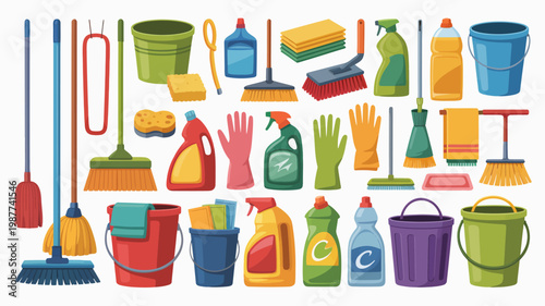 A colorful collection of cleaning supplies is displayed including buckets mops brushes spray bottles and protective gloves high quality professional detailed modern elegant stylish clean crisp