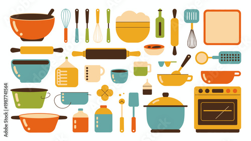 A colorful flat lay illustration depicts various baking and cooking utensils including bowls whisks rolling pins and a small oven high quality professional detailed modern elegant