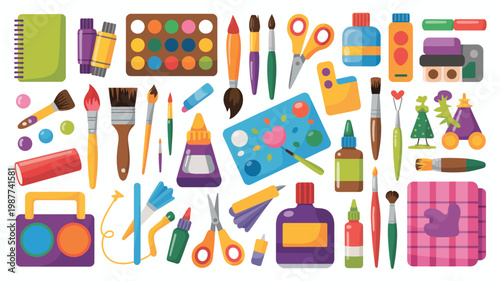 A colorful assortment of art supplies is displayed including paints brushes scissors glue and various crafting tools high quality professional detailed modern elegant stylish clean crisp