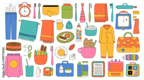 A colorful collection of everyday objects is displayed featuring clothing toiletries breakfast items and various personal care products high quality professional detailed modern elegant stylish clean