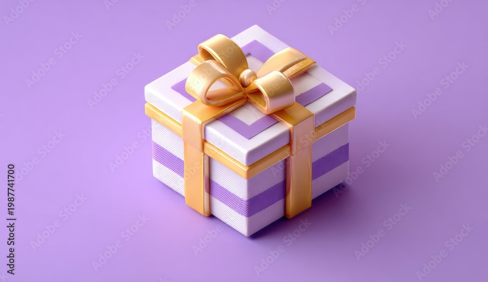 Obraz premium A pristine white gift box with purple stripes and a gold ribbon on a purple background