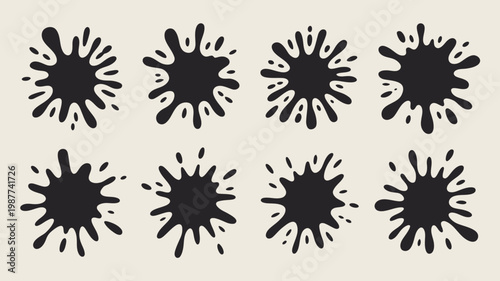 An arrangement of eight distinct black ink splatters displayed against a pale beige background exhibiting varied shapes and sizes high quality professional detailed modern elegant stylish