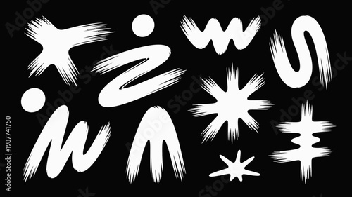 Abstract white brushstrokes and circular shapes are dynamically arranged against a solid black background creating a modern design high quality professional detailed elegant stylish clean crisp