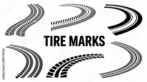 A graphic illustration displays several black tire track marks against a white background alongside the text tire marks in bold lettering high quality professional detailed modern