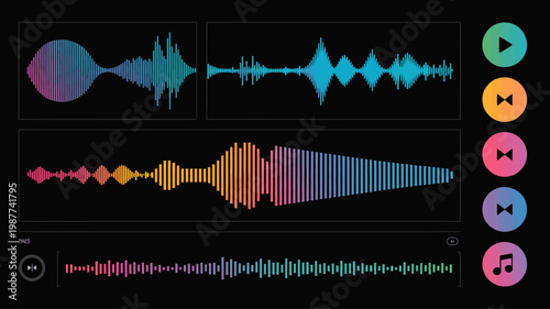 An abstract graphic depicts various audio waveforms and music controls on a dark background showcasing sound visualization high quality professional detailed modern elegant stylish clean crisp