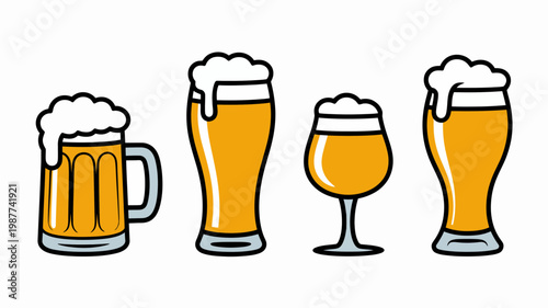 An illustration displays four distinct glasses of beer each showcasing varying shapes and sizes filled with a golden hued beverage high quality professional detailed modern elegant