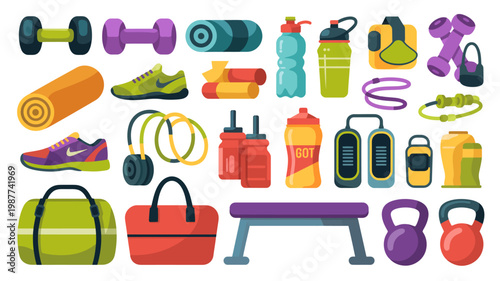 A colorful collection of gym and fitness equipment is displayed including weights rollers bottles bags and workout benches high quality professional detailed modern elegant stylish clean