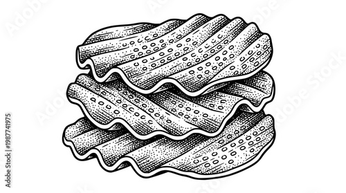 Stack of crispy fried wavy potato chips illustration