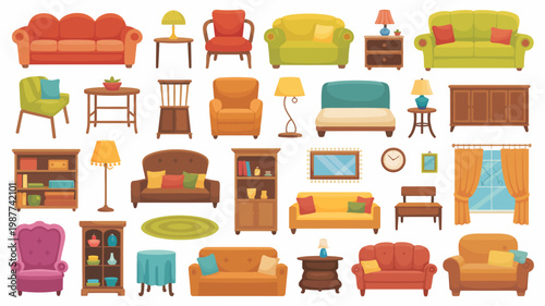 A colorful collection of furniture items are displayed including sofas chairs tables lamps and decorative objects set against a white background high quality professional detailed modern