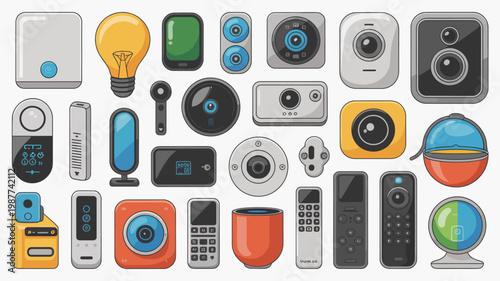 An assortment of modern technology icons are displayed including smartphones smart speakers cameras and various remote control devices high quality professional detailed elegant stylish clean crisp