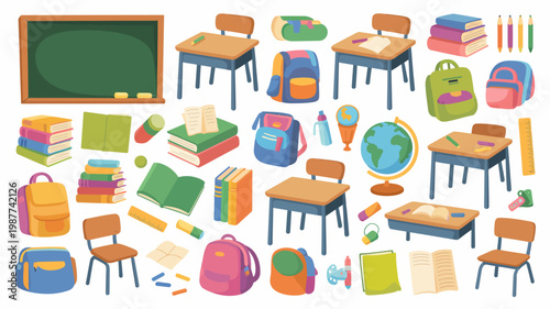 A colorful illustration depicts various school supplies and furniture including desks chairs books backpacks and a chalkboard high quality professional detailed modern elegant stylish clean crisp