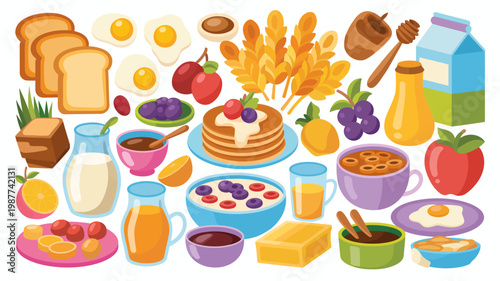 A colorful and cheerful illustration depicts a diverse breakfast spread including pancakes eggs fruits toast and various beverages high quality professional detailed modern elegant stylish clean