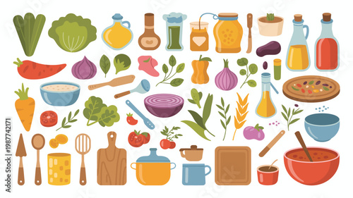 A colorful assortment of fresh vegetables fruits cooking oils herbs and kitchen utensils are arranged on a white background high quality professional detailed modern elegant stylish