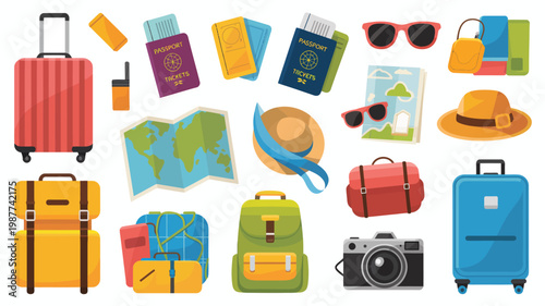 A colorful assortment of travel items including luggage passports maps sunglasses and accessories are arranged on a white background high quality professional detailed modern elegant stylish