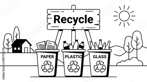 Recycling bins for paper, plastic, and glass materials outside