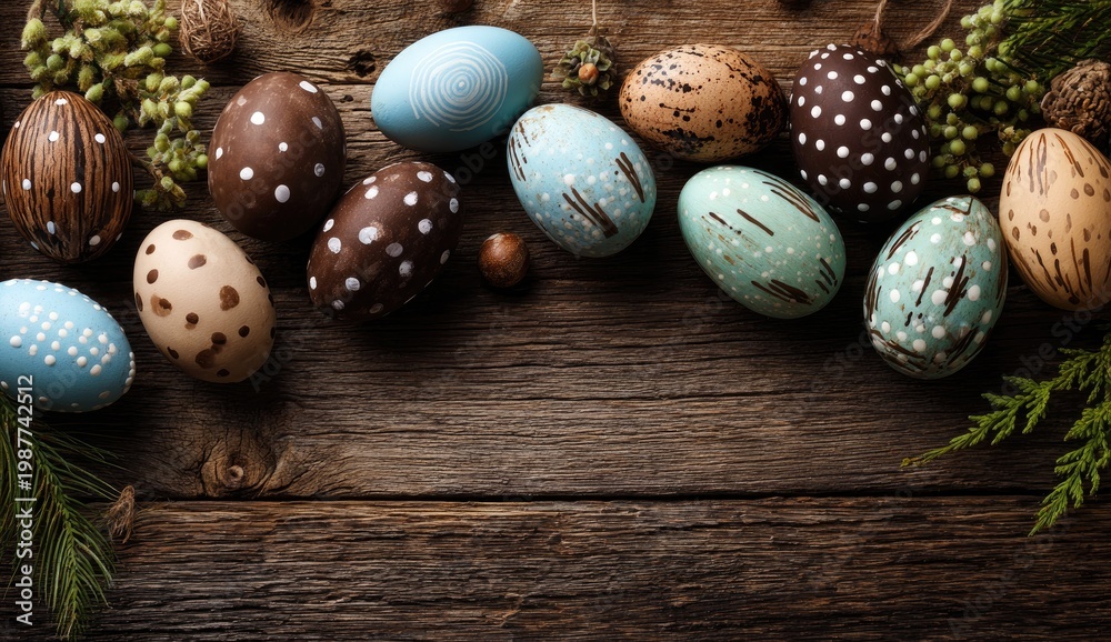 Obraz premium Painted Easter eggs with textures and patterns on a rustic wooden surface