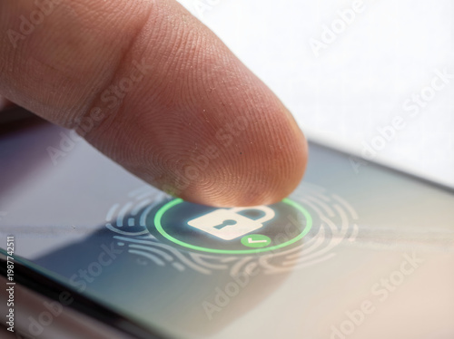 Close-up of a human finger activating biometric fingerprint authentication on a smartphone screen, illustrating secure digital access and advanced data protection technology