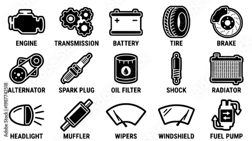 Black and white car parts vector graphic illustration set