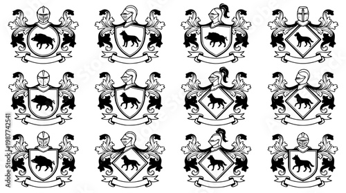 Set of heraldic crests with animal silhouettes and helmets