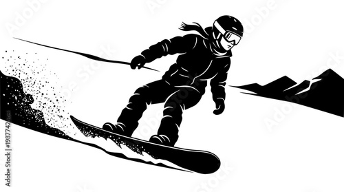 Snowboarder in action on a mountain slope descent