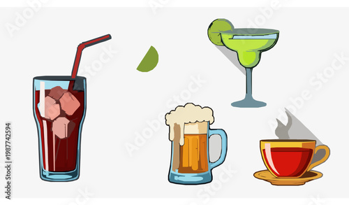 Colorful beverage icons with long drop shadows soda cocktail beer and tea vector set isolated on white