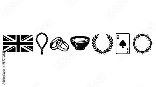 Vector graphic illustration of various symbolic objects in a row