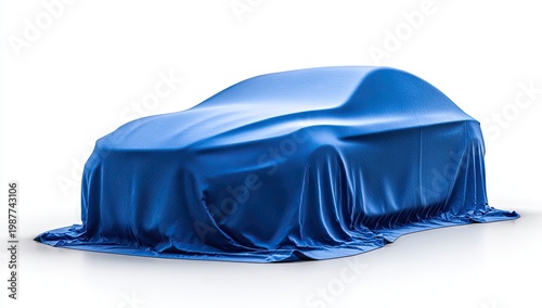 Sleek, new vehicle obscured by a rich blue, draped fabric cover