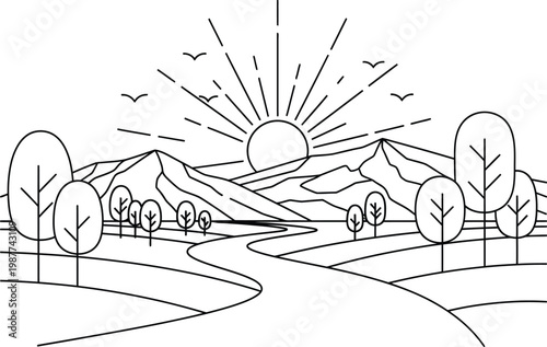 Minimalist mountain landscape with rising sun and winding path