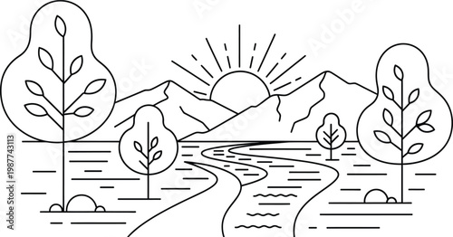 Line art landscape with mountains river and rising sun