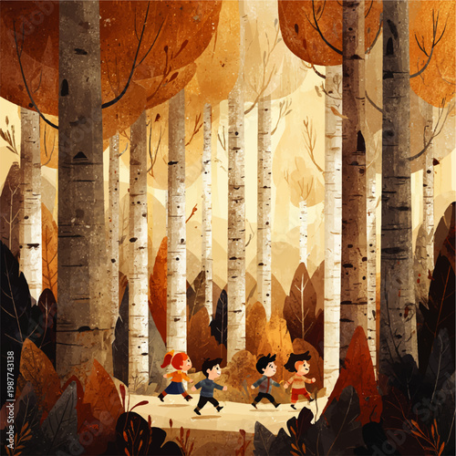 Adorable children exploring a magical aspen tree forest in autumnal colors, vector illustration
